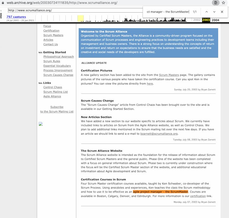 Screenshot Scrum Alliance® Webseite 2013 - erstmalige Verwendung von "agiles Projektmanagement"